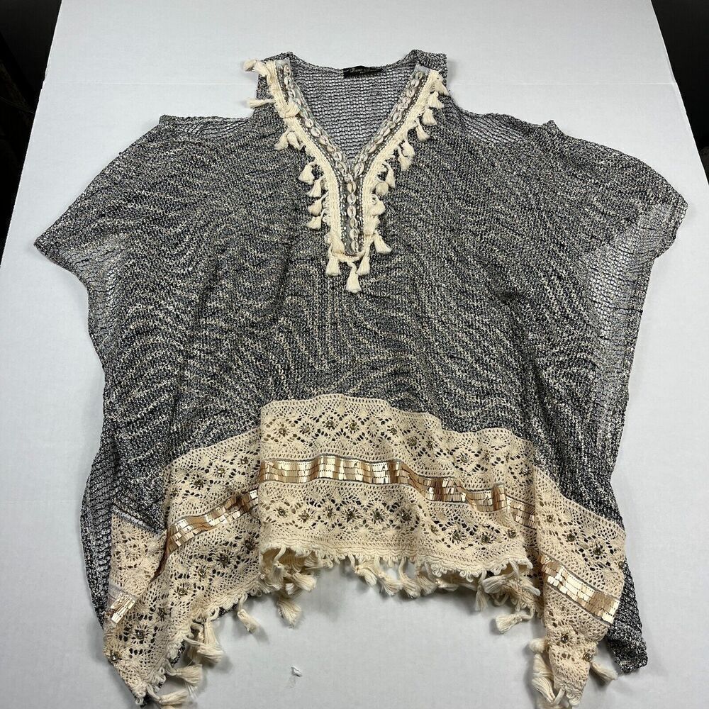 Laura Jane Poncho Sweater Black Ivory Fringe Crochet Boho Open Knit Oversized OS